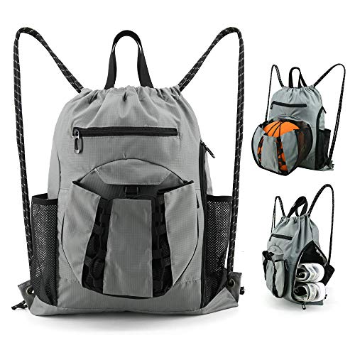BeeGreen Drawstring Backpack 1 Pack Basketball Gym Bag with Ball Holder Shoe Compartment Sport Equipment Bag for Soccer Volleyball Football Grey