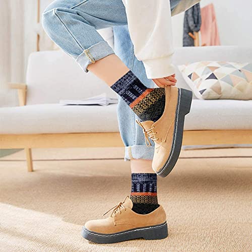 Image of 5 Pairs Vintage Winter Women Socks Warm Thick Knitted Soft Wool Socks Christmas Gifts Cozy Crew Socks