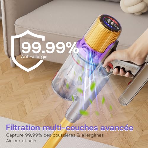 V16 Aspirateur Balai sans Fil 55Kpa/600W/80Mins, Aspirateur sans Fil Puissant, Écrans Tactiles LED, Mode Automatique, Brosse Anti-Emmêlement pour Tapis, Sols Durs et Poils d'animaux – Image 6