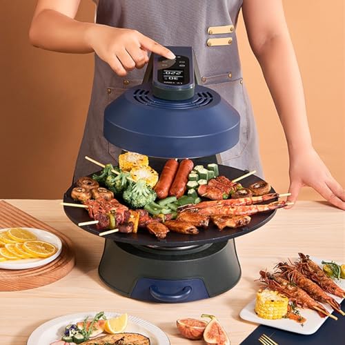 XEEAOFE Parrilla Interior con Rotación 360°, Parrilla y Plancha Eléctrica sin Humo, Pantalla LED Inteligente y Temporizador, Calentamiento sin Contacto, Placas Removibles Antiadherentes