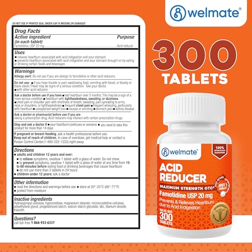 Image of WELMATE Famotidine 20mg Max Strength Antacid & Heartburn Medicine, 300 Ct | Fast-acting heartburn relief & acid reflux medicine; acid reducer in easy-to-swallow tablets for powerful 12-hour protection.