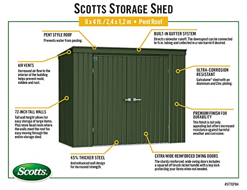 Scotts 8' X 4' Garden Storage Shed Outdoor Lockable Water-Resistant Steel Building With Tool Hanger And Pent Roof, Green #TOP3