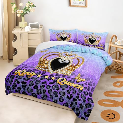 Image of AILONEN Gold Crown Comforter Set Full Size for Girls Women,Purple & Blue Gradient Leopard Print Bedding Set 3Pcs,King and Queen Quilt with 2 Pillowcases