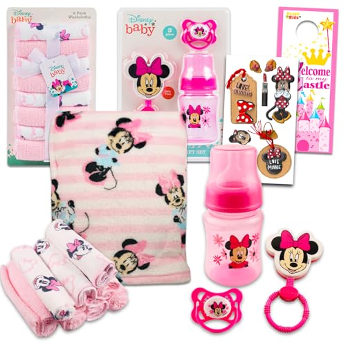 Image of Disney Minnie Mouse Baby Gift Set, Baby Shower Gifts Girls Neutral - 12 Pc Newborn Essentials Bundle with Blanket, Towels, Rattle, Bottle, Pacifier, Scrapbook Stickers, More