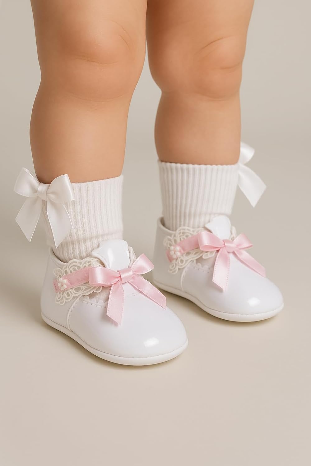 Baby Girls Patent Christening Shoes with Lace & Ribbon - Perfect for Baptism and Special Occasions
