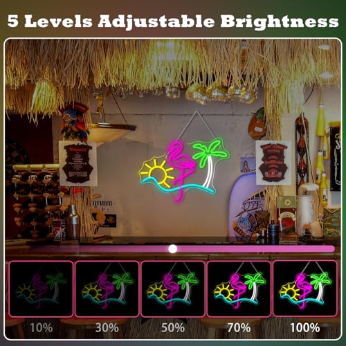Image of Flamingo Sun Palm Tree Neon Signs for Wall Decor Funny Dimmable LED Neon Light Sign USB Powered for Home Bar Cart Summer Beach Restaurant Man Cave Decor Beer Cafe Bistro Club Party