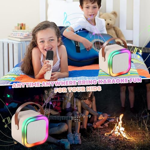 Image of Kids Karaoke Speaker with Wireless Microphone | Portable Bluetooth Singing Machine with LED Lights | Mini Rechargeable Karaoke System for Boys & Girls (1 Mic, Beige)