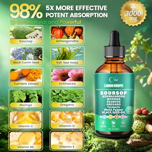 Image of VivoNu 10-in-1 Soursop Bitters Liquid Drops 3000mg, Soursop Drops with Ashwagandha* Black Seed Oil, Moringa, See Moss and Vitamins (2 Fl Oz (Bottle of 1))