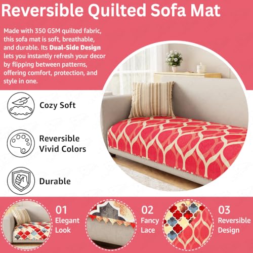 Image of Lukzer 4 Seater Sofa Cover Mat Reversible Quilted Sofa Seat Protector with WaveEdge Ultrasonic Cut - Dessert Jewel - Washable Anti-Slip Sofa Throw for Living Room Couch Cover 220 x 85 CM /SC-202-04WE
