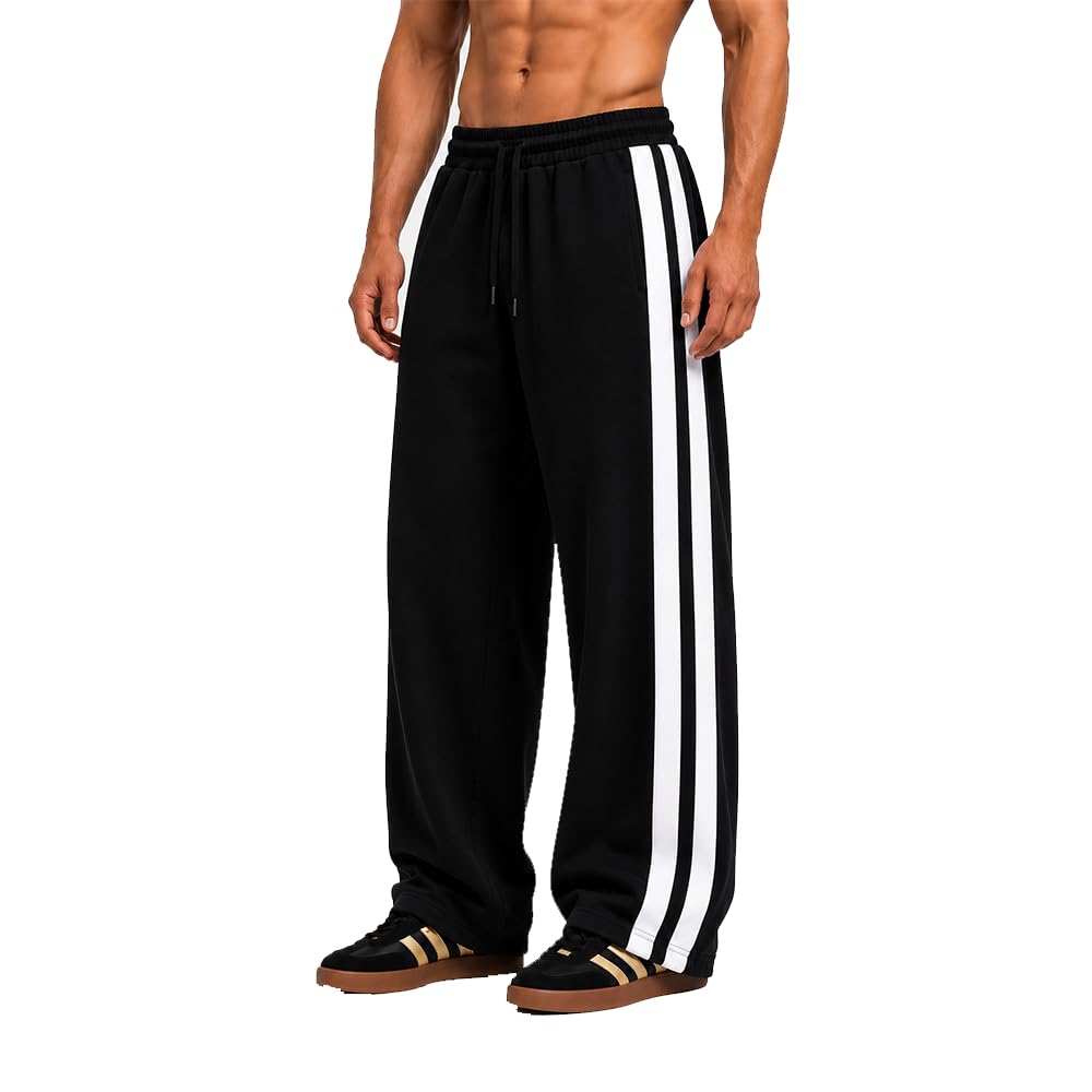 funky monkey Men's Wide Leg | Loose Fit Track Pants with Double Side Stripes | Relaxed Fit Athletic Joggers | Drawstring Waist Casual Sports & Streetwear Trousers-picture-25