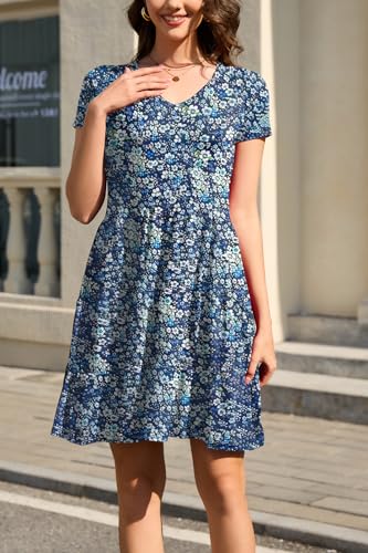 Image of nclook Womens Summer Casual Dress Sweet Cute V Neck Mini Dress with Pocket Short Sleeve