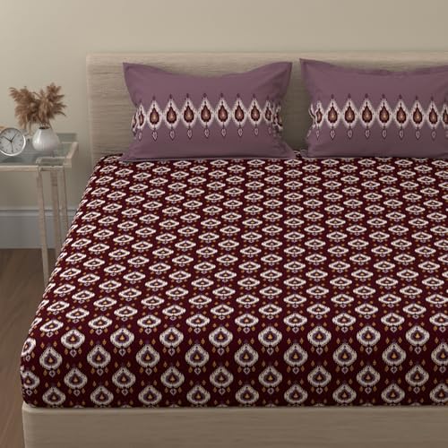 Huesland by Ahmedabad Cotton 144 TC Cotton Bedsheet for Double Bed King Size with 2 Pillow Covers | Magenta & White