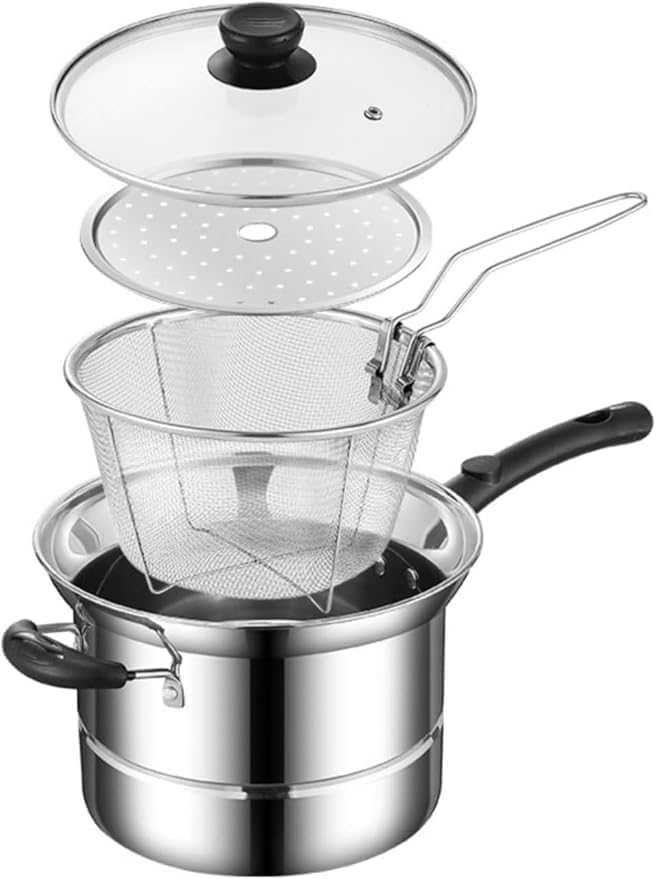 VBM Stainless Steel Deep Fryer Pot with Basket & Glass Lid | 2-in-1 Chip Pan Fryer, Oil Strainer & Steamer | Gas & Induction Compatible | For Frying Noodles, Fries, Pakoda, Pasta & Gravies-image-15