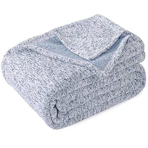 KAWAHOME Summer Sweatshirt Blanket Queen Size for Bed-Lightweight Breathable Blankets,Soft Thin Knit Jersey Blanket for Hot Sleepers,90 X 90 Inches, Heather Blue
