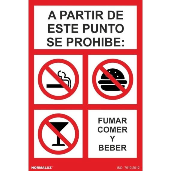 A partir de este punto se prohibe: fumar, comer y beber, cartel de prohibición SEKURECO
