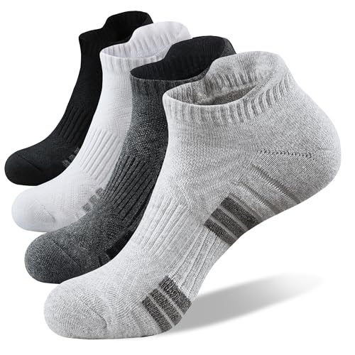 Mens Ankle Running Socks, Sport Athletic Socks with Cushined, Low Cut Compression Cotton Socks, 4 Pairs
