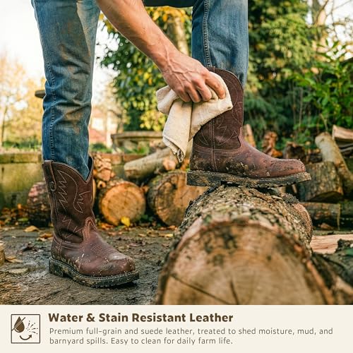 Image of J's.o.l.e Men's Cowboy Work Boots Leather Goodyear Welt Non-Slip Rubber Outsole Round Toe Pull-On Brown - Steel Toe & Soft Toe Options
