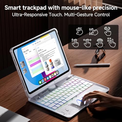 Image of Clear Wireless Keyboard Case for iPad (A16) 11th Generation 11-inch 2025 / iPad 10th Generation 10.9-inch 2022 with Pencil Holder & Multi-Touch Trackpad, 7-Color Backlit, 360 Rotatable,White