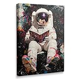 Colorful Pop Astronaut Outer Space Theme Classroom Decor Framed Graffiti Spaceman Contemporary Wall Art Canvas Cool Kids' Gifts Galaxy Prints Banksy Poster Universe Trippy Painting (12'x16')
