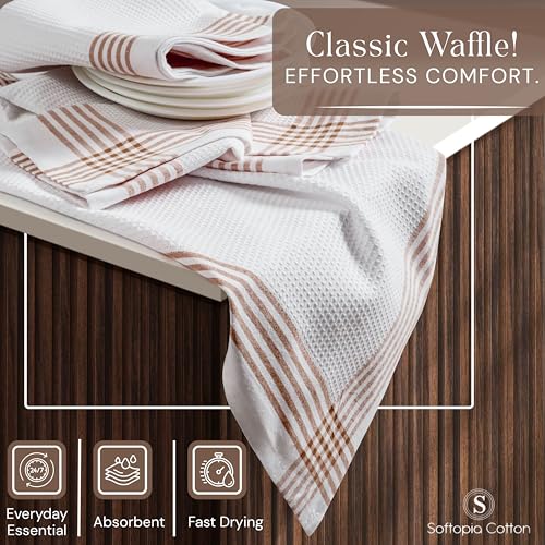 Image of Waffle White & Brown 4 Pack Kitchen Towels Set, 100% Cotton, 16x26 inches, Professional Quality Cleaning Towel for Bar, Home, Restaurant Use, Absorbent Dish Cloths for Drying Dishes