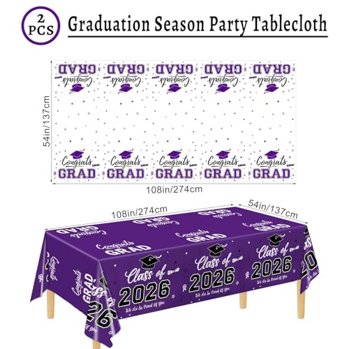 Image of Oigco 2026 Graduation Decorations, 2 Pack Purple Graduation Tablecloths Class of 2026, Congrats Grad Plastic Table Cloths for Graduation Party Decorations, 54 x 108 Inch