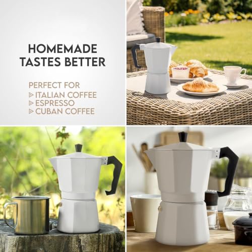 Image of 6 Cup Stovetop Espresso Maker Classic Italian Moka Pot Coffee Maker Premium Food Grade Aluminum Espresso Percolator for Gas & Electric Stovetops Heat Resistant Handle (White-1pcs)