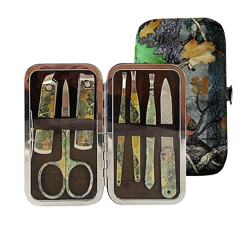 Rivers Edge Products 7-Piece Manicure Set, Travel Nail Clippers with Matching Hard Case, Stainless Steel Nail Cutter Kit, Heavy Duty Toe and Fingernail Clipper, Mens Green Camo