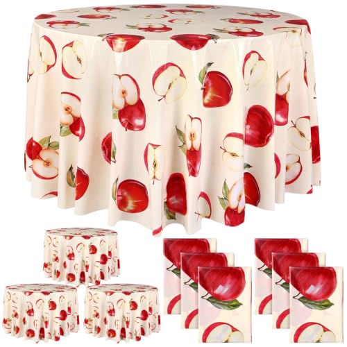 Image of Ganeen 6 Pcs Apple Themed Plastic Tablecloths Fruit Themed Decorations Fall Apple Disposable Table Cover 84 Inch Plastic Round Table Covers Fall Harvest Tablecloths Bulk for Baby Shower Party