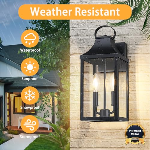 Image of 15 inch Black Outdoor Wall Lantern 2-Light, Outside Wall Sconce Light | Industrial Porch Light Wall Mount with E12 Sockets, Waterproof Modern Exterior Lamp Lighting, Black (No Sensor)