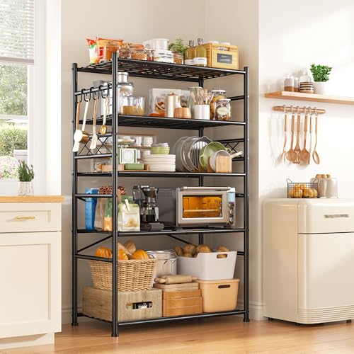 Image of Storage Shelves 5-Tier Large Capacity Wire Shelving with Hooks, Heavy Duty Garage Shelving Unit with Leveling Feet, Stable Metal Shelf for Pantry, Kitchen and Closet, 72 inch H x 36 inch W x 12 inch D, Black