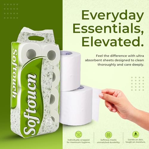 Image of Softouch 2 Ply Toilet Paper Tissue Roll Family Pack 10-in-1 (240 Sheets Per roll)
