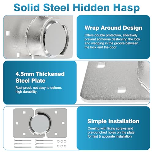 Image of IRONWALLS Hidden Shackle Padlock with Key, 2.87 inch /73mm Steel Heavy Duty Door Lock Keyed Alike with Locking Hasp, 80mm Screws, Fits for Trailers, Trucks, Vehicles, Garage, Shipping Container