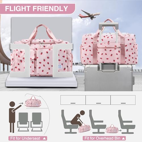 Image of BEULPTN Small Gym Bag For Women, Travel Duffle Bag Carry On Weekender Bag With Shoe Compartment, Strawberry#Pink, 28x50x21cm /11*19.6*8.2 Inch