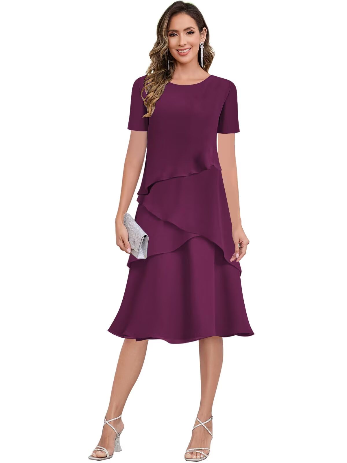 MXODI Women's Chiffon Tea Length Mother of The Bride Dresses for Women Scoop Neck Tiered Formal Wedding Guest Dress Long