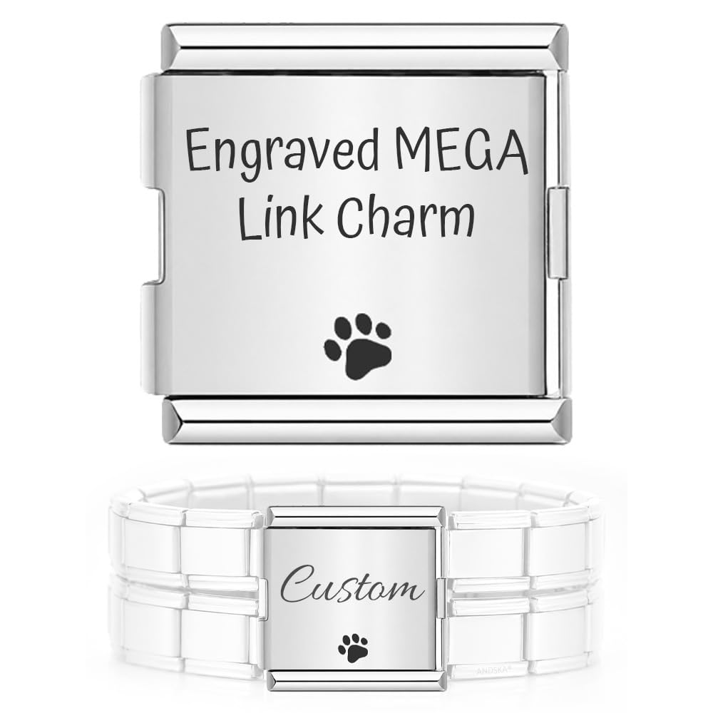 Andska Personalised MEGA Link 18mm XL Charm for 9mm Italian Modular Stretch Bracelet, Custom Engraved Name Date Pet Paw Heart Charm, Silver Steel (Text + paw)