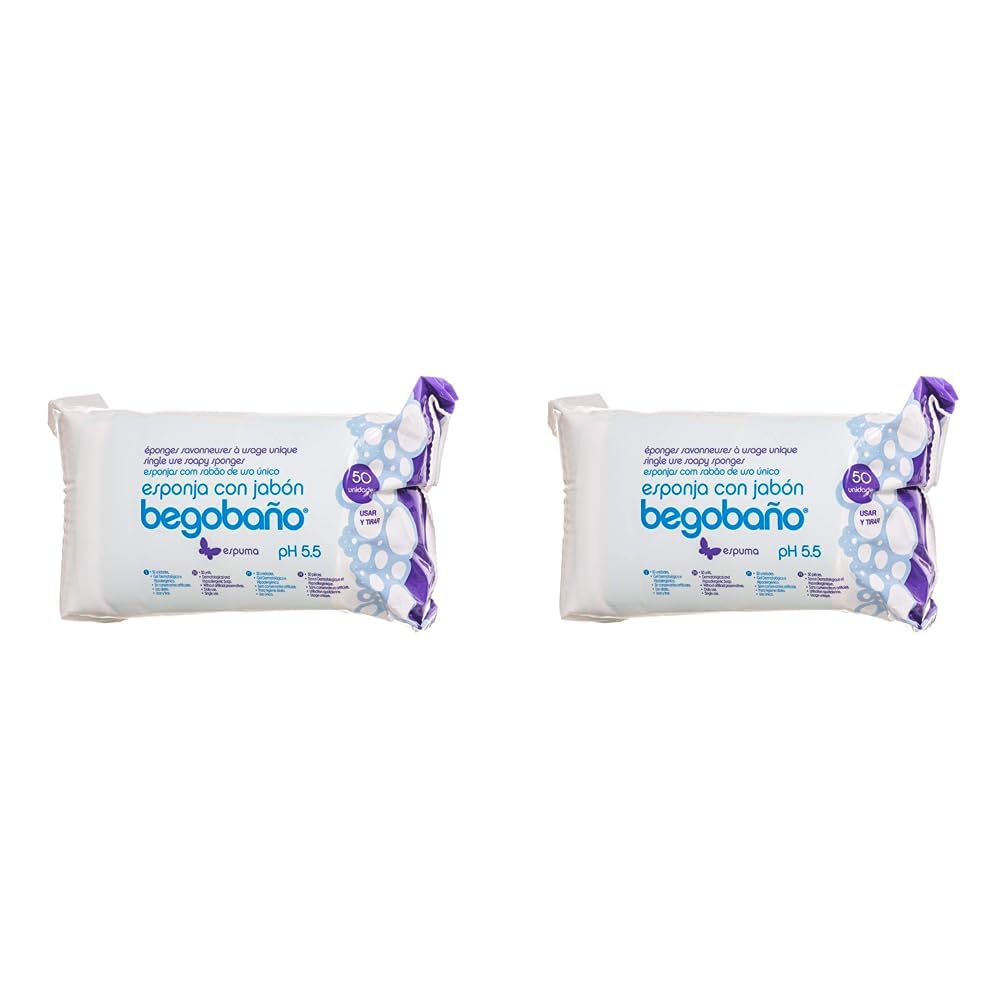 Begobaño Esponja Jabonosa Desechable. Esponja de Baño de Un Solo Uso con Gel Dermatológico e Hipoalergénico. 50 Unidades (Paquete de 2)
