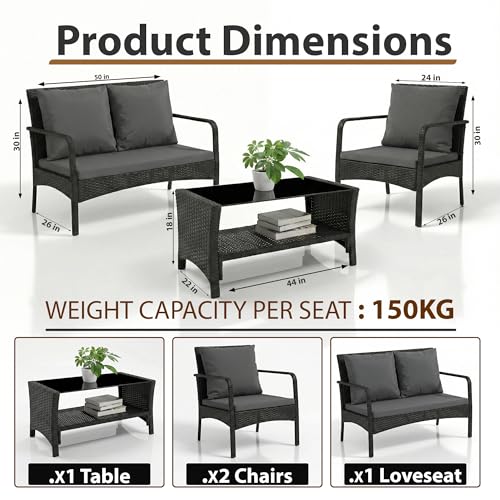 Image of BRISHI Outdoor Sofa Set || Balcony Sofa || Patio Furniture Sets || Indoor Sofa|| Wicker Rattan Garden Sofa Set with Cushion and Center Table, 4 Seater (Black & Grey)