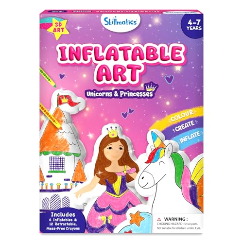 Image of Skillmatics Inflatable Art Unicorns & Princesses - 3D DIY Craft Kit for Kids, Mess-Free Colouring Set with Crayons & Straws, Gift for Girls & Boys Ages 4, 5, 6, 7