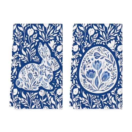 Artoid Mode Blue Porcelain Bunny Egg Easter Kitchen Towels Dish Towels 18×26 Inch Spring Farmhouse Flowers Decoration Hand Towels Set of 2