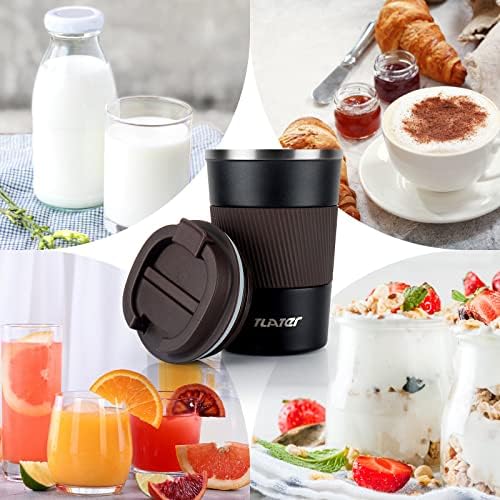 Tlater Kubek do kawy na wynos, kubek termiczny 380 ml, kubek termiczny z pokrywką zabezpieczającą przed wyciekiem, próżniowy kubek z podwójnymi ściankami, kubek podróżny, ze stali nierdzewnej, do kawy