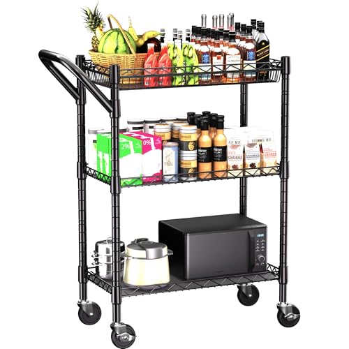 3 Tier Heavy Duty Rolling Utility Cart,18" D x 23.8" W x 36.6" H Rolling Carts with Wheels,Commercial Grade Metal with Handle Bar & Shelf Liner,Trolley Serving Storage Cart for Kitchen Black