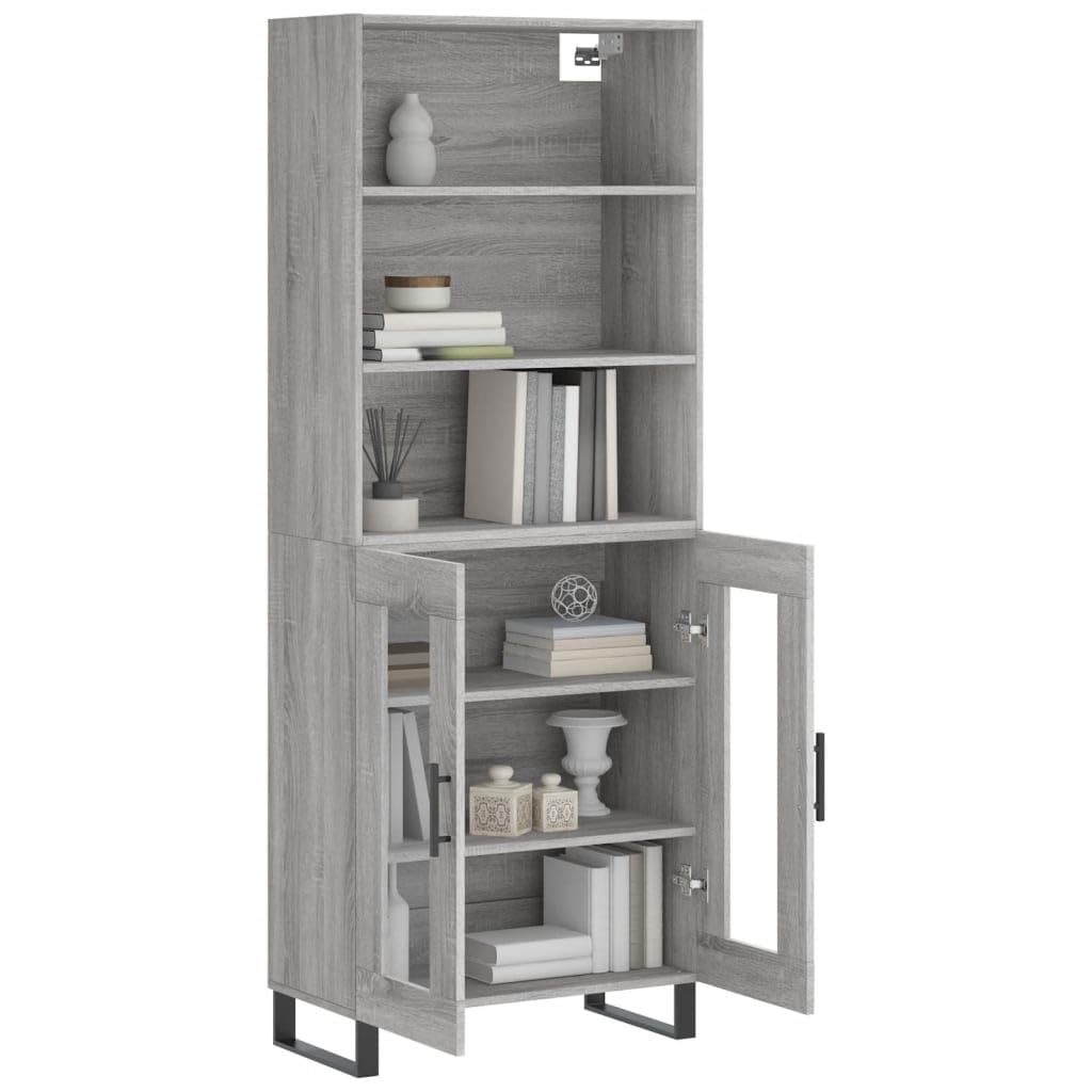 Witrynka szary dąb sonoma 69,5x34x180cm materiał drewnopochodny wysoka szafka do salonu z drzwiami i półkami meble do przechowywania antypoślizgowe nóżki metalowe nowoczesna witryna