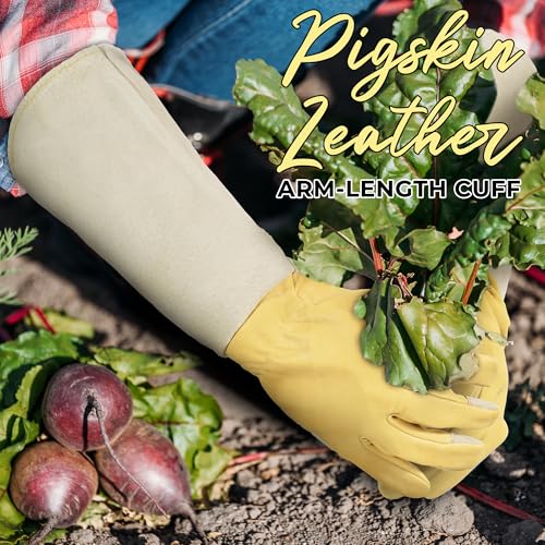 Image of HANDLANDY Rose Pruning Gardening Gloves for Men Women, Thorn Proof Forearm Protection Leather Garden Gloves, Gardening Gifts for Gardeners (Vanilla, Large)