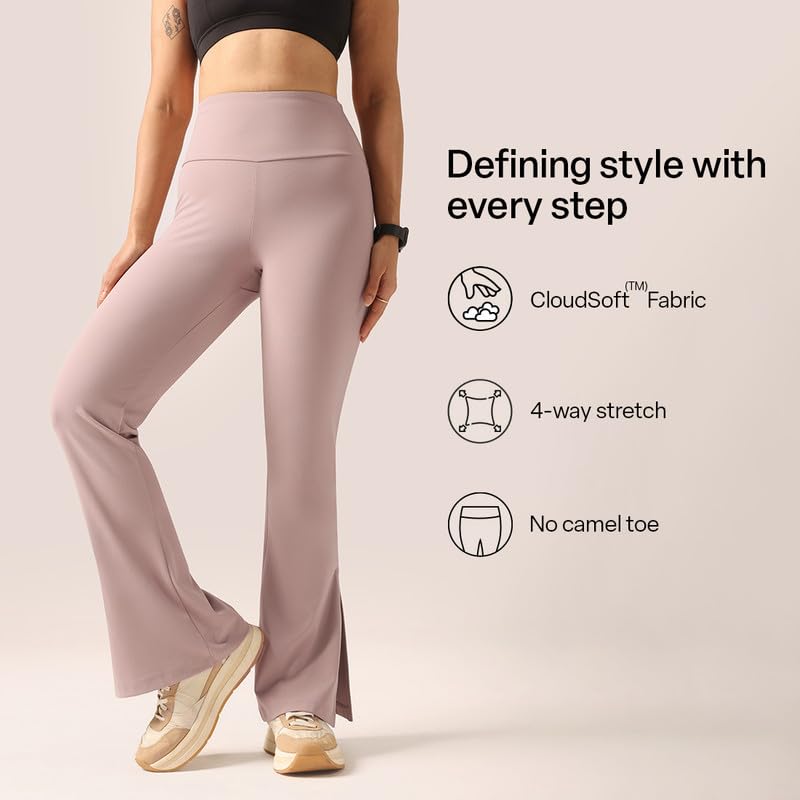 Image of BlissClub Women's Comfort Fit Mid Rise Ultimate Slit Flare Pants - Lite Tall |Above 5'5 | Stylish Slits | Stretchy | Comfortable | Back Pocket