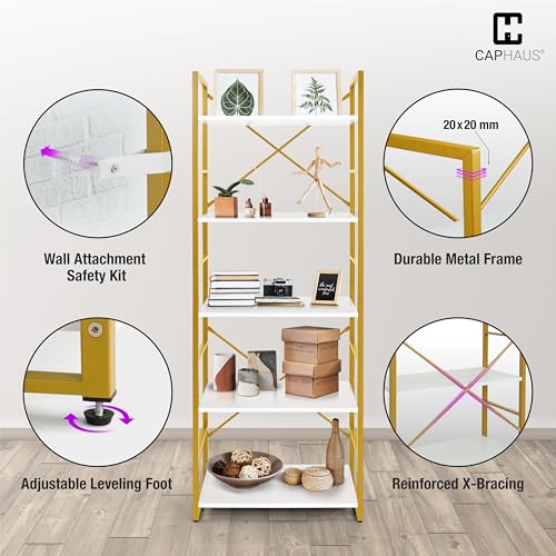 Image of CAPHAUS 5 Tier Bookshelf, 24 Inch Width Free Standing Shelf, Bookcase Shelf Storage Organizer, Industrial Book Shelves for Home Office, Living Room, Kitchen, White Wooden Shelves & Gold Frame