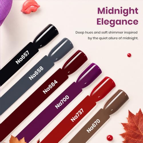 Image of Beetles Fall Gel Polish Set, Burgundy Dark Red Brown Black Gray Colors,Hema-Free | 6 PCS 15ml Full Size Gel Nail Kit, Midnight Elegance, UV Nail Polish Color DIYManicure Home Salon