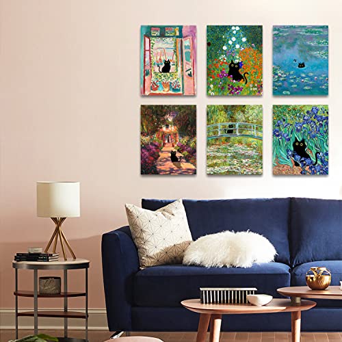 Roslynity Framed Funny Black Cat Wall Art Prints Set Of 6 Canvas Artwork Cat Lover Poster Gift Cute Room Aesthetic Matisse Monet Van Gogh For Living Room Bathroom Bedroom Decor (8"X10" Framed) #TOP3