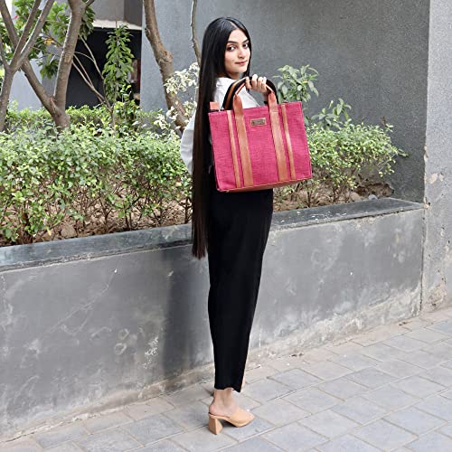 Image of Book Tote Handbag | Handloom Woven Cotton And Vegan Leather | Laptop | Tote Bags for Women For Office Use, Work | Ladies Stylish Shoulder Bag | Ethically Sourced, Lightweight