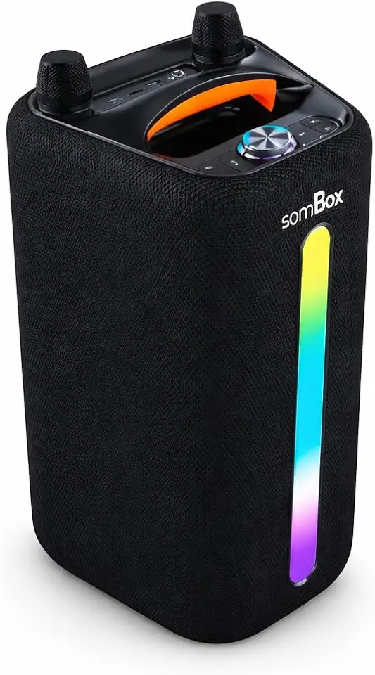Caixa de Som somBox Portátil 100W RMS Graves Potentes RGB Bluetooth 5.3, USB e AUX, Bateria Longa Duração com 2 Microfones sem Fio para Festas, Karaoke e Uso Externo