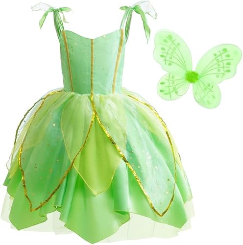 Dressy Daisy Disfraz verde de hadas de Halloween para fiesta de cumpleaños con alas de mariposa para niñas pequeñas, talla 3T a 12
